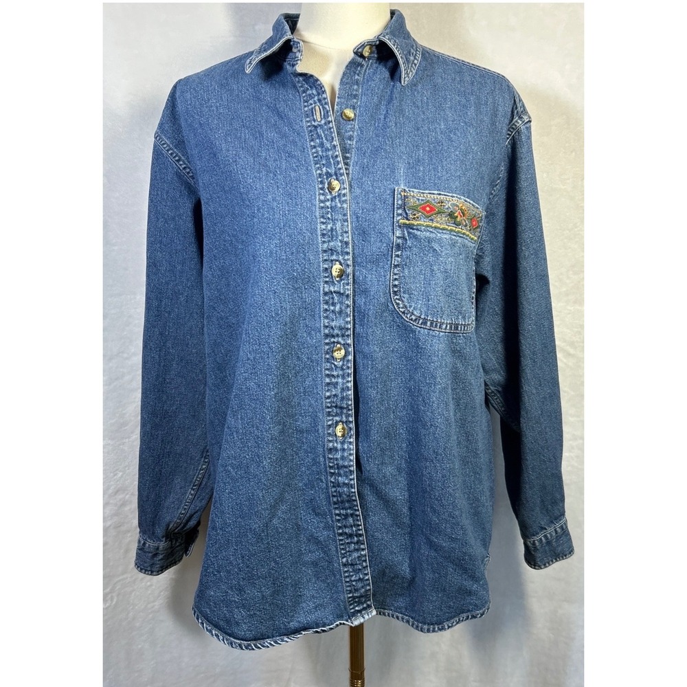 Woolrich Indigo Denim Shirt Womens Sz M Embroidered Folk Art Western Cottagecore